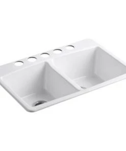Sinks Kohler Brookfield Undermount Cast-Iron 33 In. 5-Hole Double Bowl Kitchen Sink In White