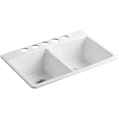 Sinks Kohler Brookfield Undermount Cast-Iron 33 In. 5-Hole Double Bowl Kitchen Sink In White 1 Sinks Kohler Brookfield Undermount Cast-Iron 33 In. 5-Hole Double Bowl Kitchen Sink In White