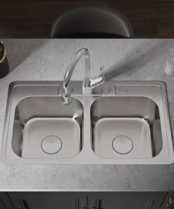 Allora USA - TOP-2914 - 33" X 19" X 8" Top Mount Double Bowl Kitchen Sink