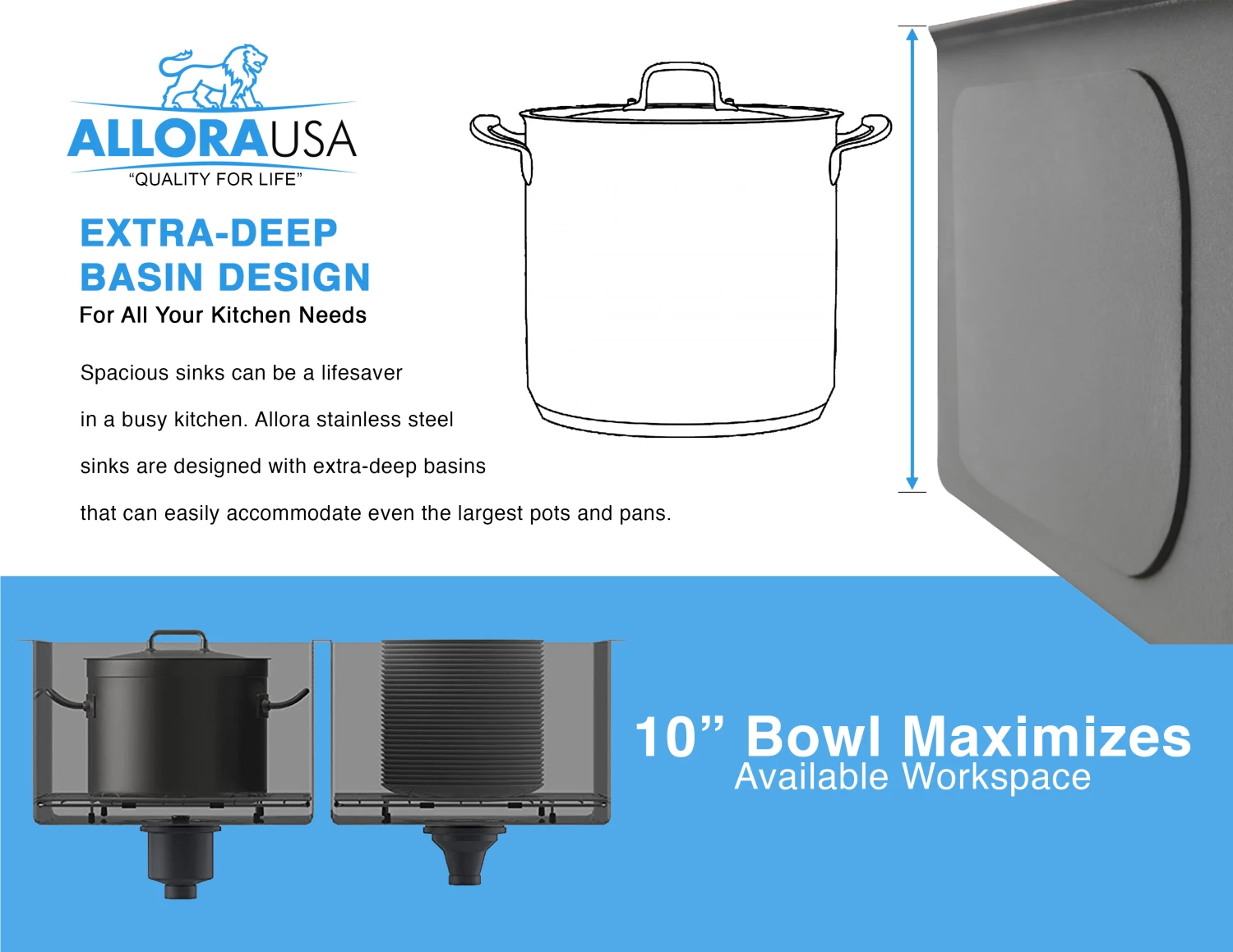 Sinks Allora USA - KH-3321F-R15 - 33" X 21" X 10" Farmhouse Undermount Single Large Bowl Stainless Steel Kitchen Sink 8 Sinks Allora USA - KH-3321F-R15 - 33" X 21" X 10" Farmhouse Undermount Single Large Bowl Stainless Steel Kitchen Sink