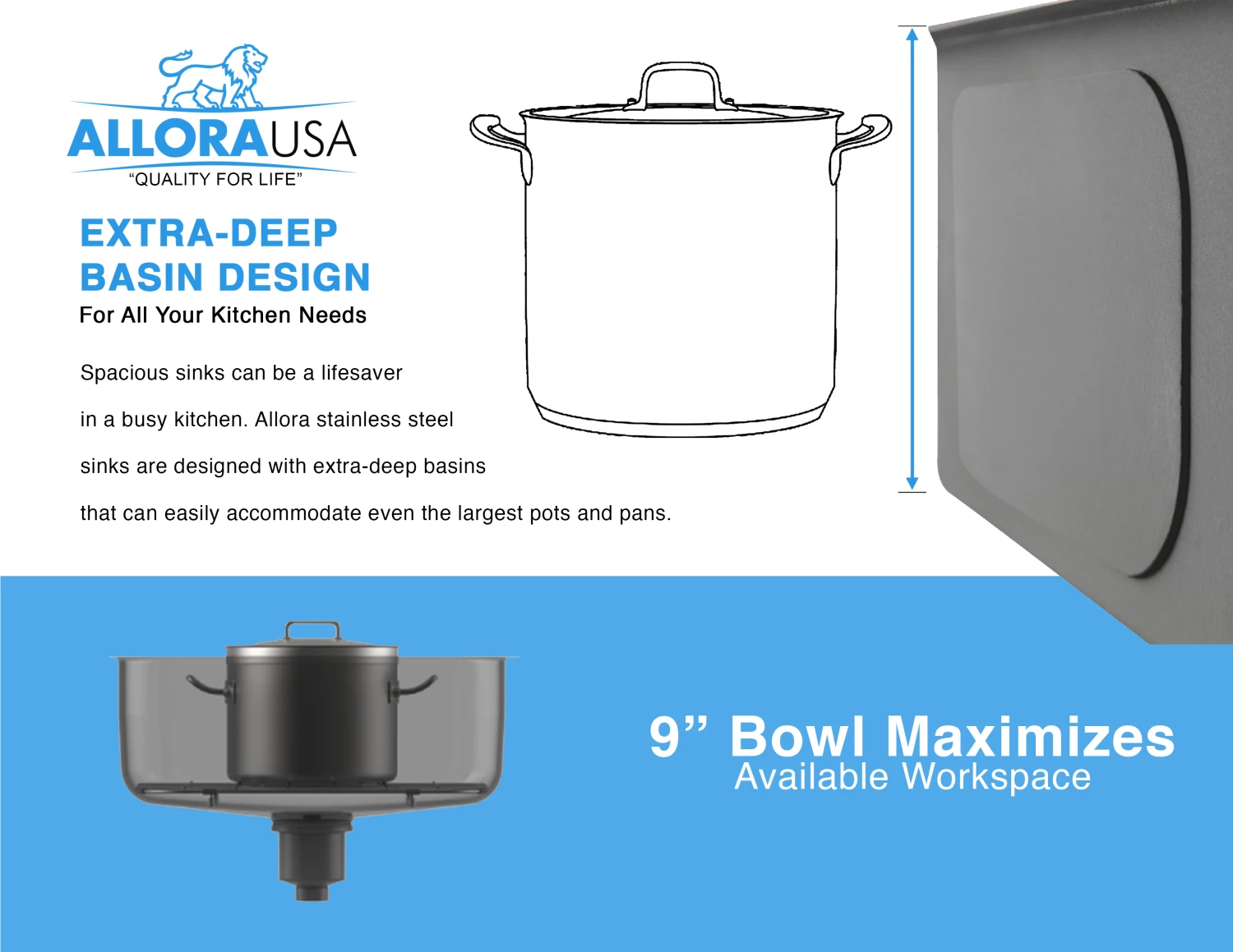 Allora USA - KSN-2321 - 23" X 21" X 9" Undermount "D" Shape Single Bowl Stainless Steel Kitchen Sink 5 Allora USA - KSN-2321 - 23" X 21" X 9" Undermount "D" Shape Single Bowl Stainless Steel Kitchen Sink