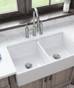 ELKAY Burnham White Fireclay 33 In. Double Bowl Farmhouse Apron Kitchen Sink Sinks