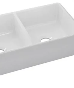 ELKAY Burnham White Fireclay 33 In. Double Bowl Farmhouse Apron Kitchen Sink Sinks
