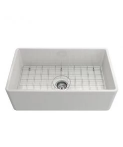 Sinks Glacier Bay Farmhouse Apron-Front Fireclay 30 In. Single Bowl Kitchen Sink In White With Grid