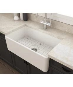 Sinks Glacier Bay Farmhouse Apron-Front Fireclay 30 In. Single Bowl Kitchen Sink In White With Grid