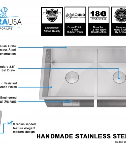 Allora USA - KH-3318 - 33" X 18" X 10" Undermount Double Bowl Handmade Stainless Steel Kitchen Sink 15 Allora USA - KH-3318 - 33