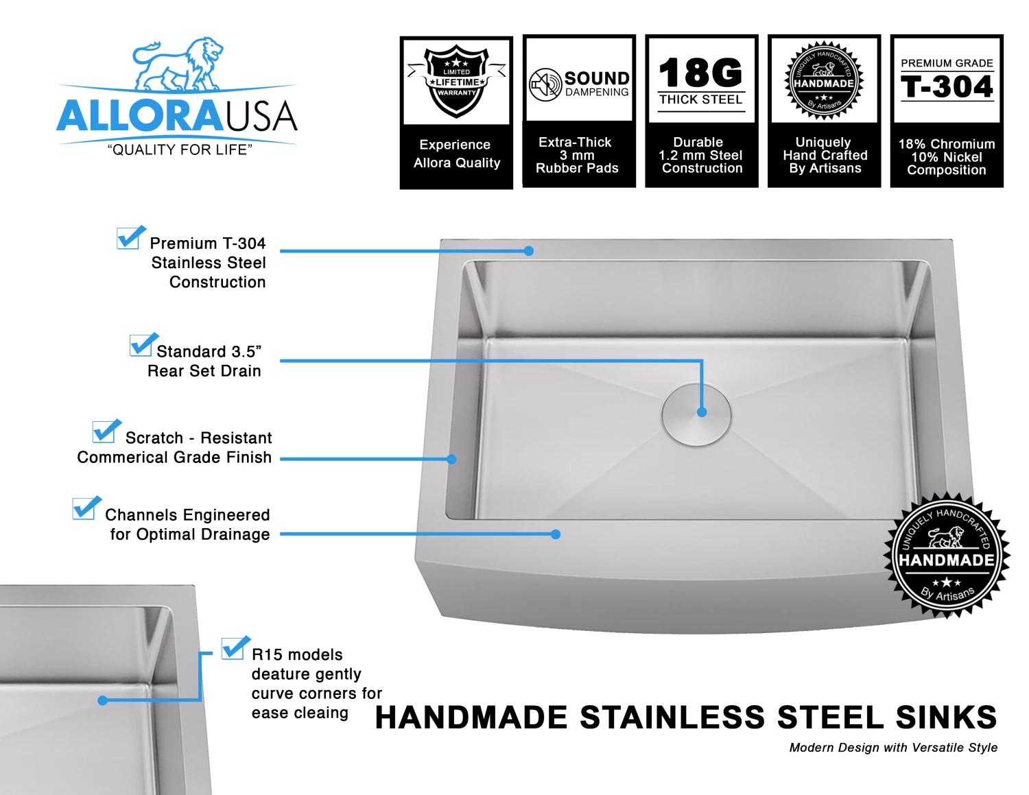 Allora USA - KH-3021F-R15 - 30" X 21" X 10" Undermount Farmhouse Single Large Bowl Stainless Steel Kitchen Sink 5 Allora USA - KH-3021F-R15 - 30" X 21" X 10" Undermount Farmhouse Single Large Bowl Stainless Steel Kitchen Sink