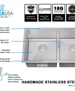 Allora USA - KH-3318-R15 - 33" X 18" X 10" Undermount Double Bowl Handmade Stainless Steel Kitchen Sink Sinks 13 Allora USA - KH-3318-R15 - 33