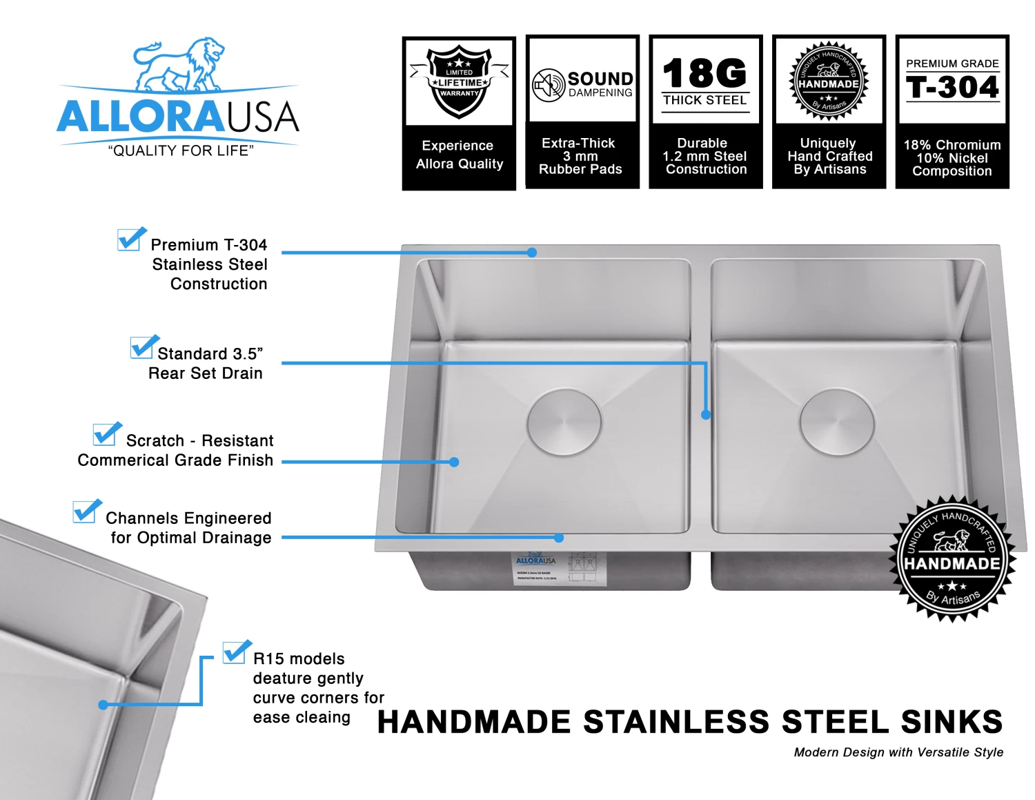 Allora USA - KH-3318-R15 - 33" X 18" X 10" Undermount Double Bowl Handmade Stainless Steel Kitchen Sink Sinks 6 Allora USA - KH-3318-R15 - 33" X 18" X 10" Undermount Double Bowl Handmade Stainless Steel Kitchen Sink Sinks