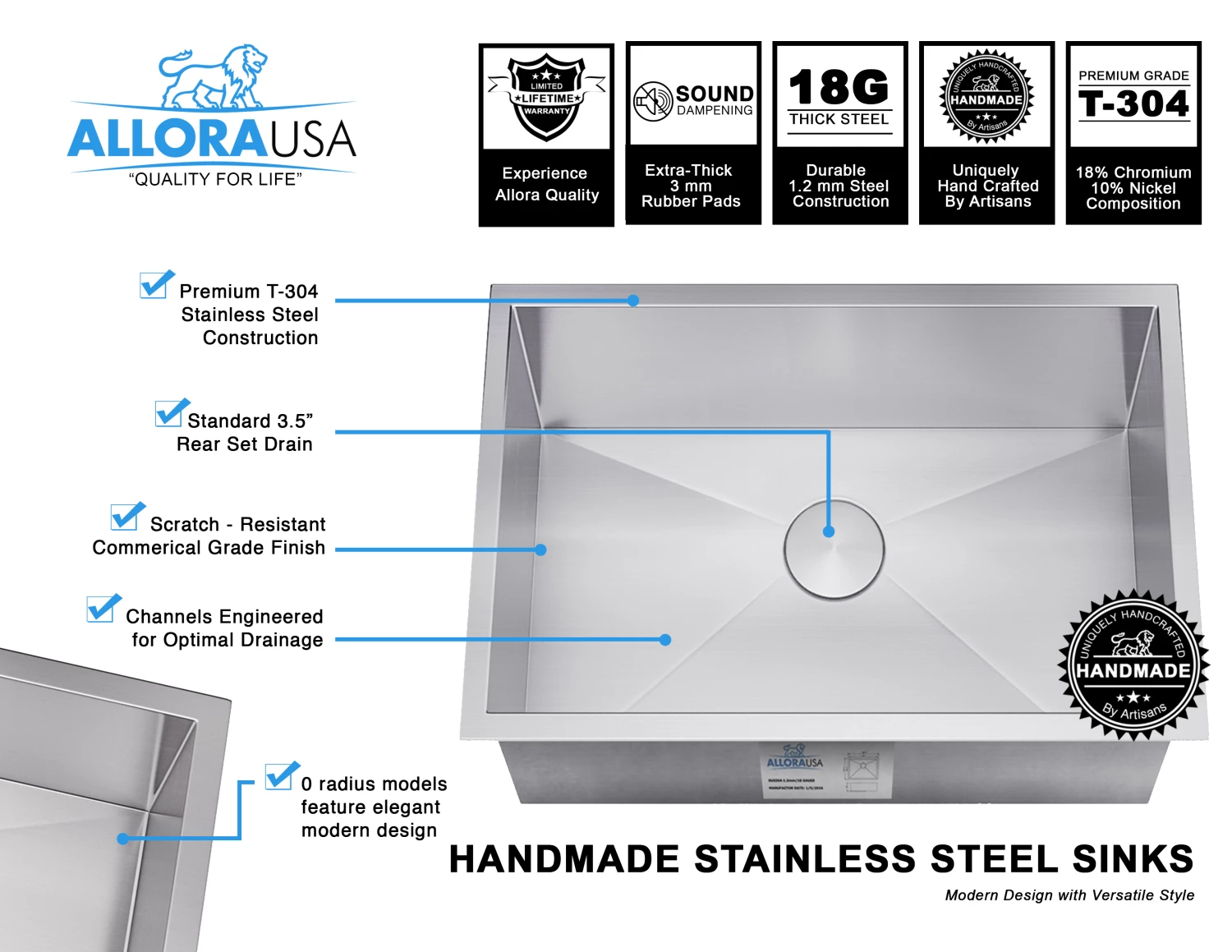 Sinks Allora USA - KH-2318 - 23" X 18" X 10" Combo Handmade Undermount Single Bowl Stainless Steel Kitchen Sink And Accessories 11 Sinks Allora USA - KH-2318 - 23" X 18" X 10" Combo Handmade Undermount Single Bowl Stainless Steel Kitchen Sink And Accessories