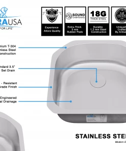 Allora USA - KSN-2321 - 23" X 21" X 9" Undermount "D" Shape Single Bowl Stainless Steel Kitchen Sink 13 Allora USA - KSN-2321 - 23