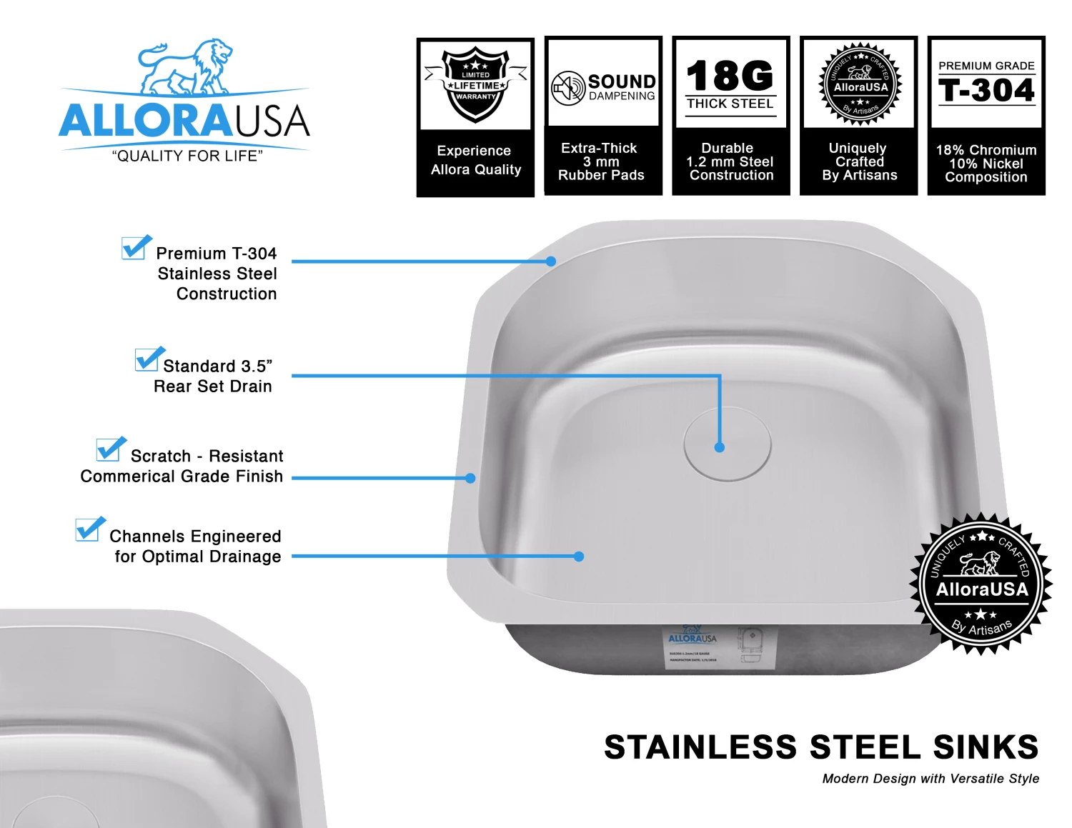 Allora USA - KSN-2321 - 23" X 21" X 9" Undermount "D" Shape Single Bowl Stainless Steel Kitchen Sink 6 Allora USA - KSN-2321 - 23" X 21" X 9" Undermount "D" Shape Single Bowl Stainless Steel Kitchen Sink