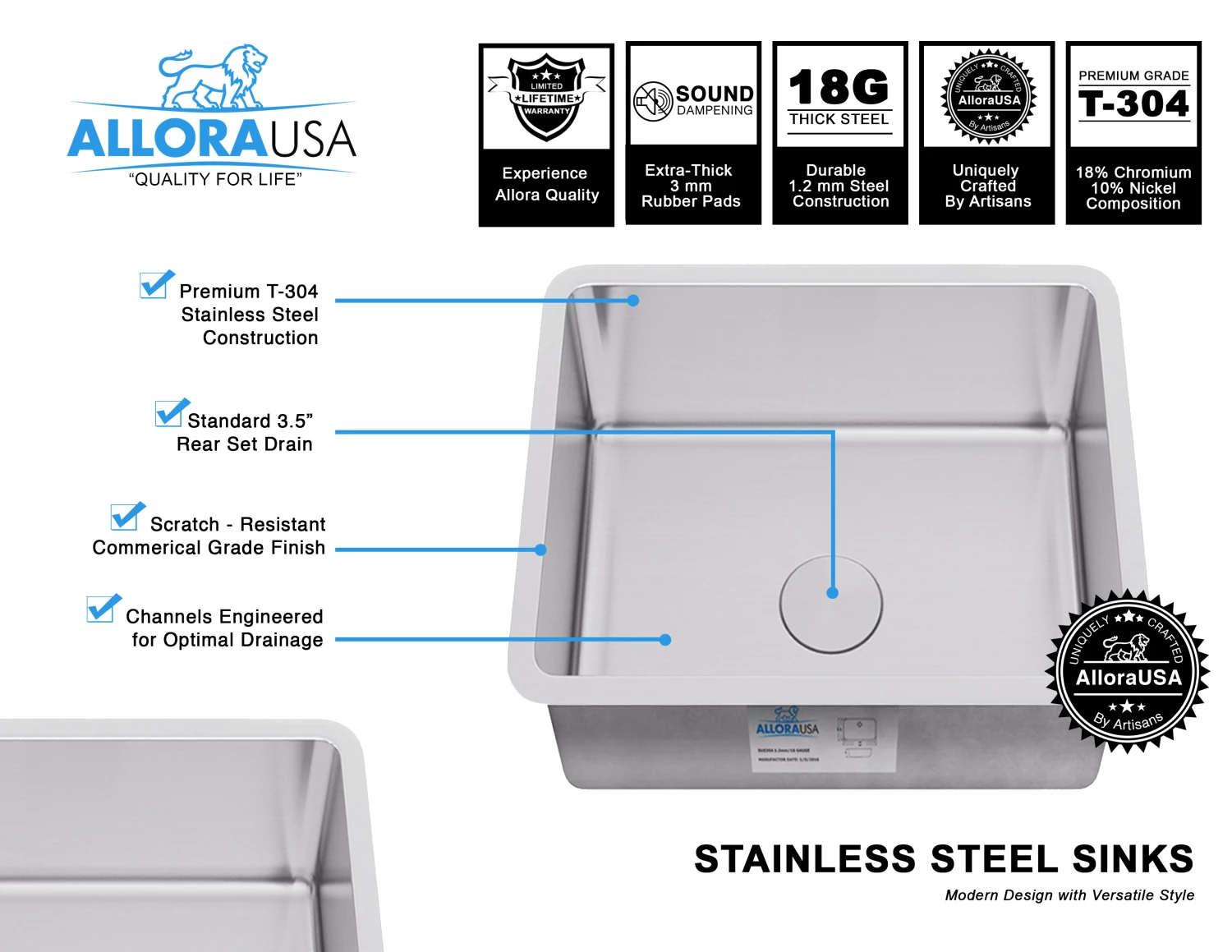 Sinks Allora USA KSN-2117-R25 21" X 17" X 9" Undermount Single Bowl Stainless Steel Kitchen Sink With Radius 25 6 Sinks Allora USA KSN-2117-R25 21" X 17" X 9" Undermount Single Bowl Stainless Steel Kitchen Sink With Radius 25