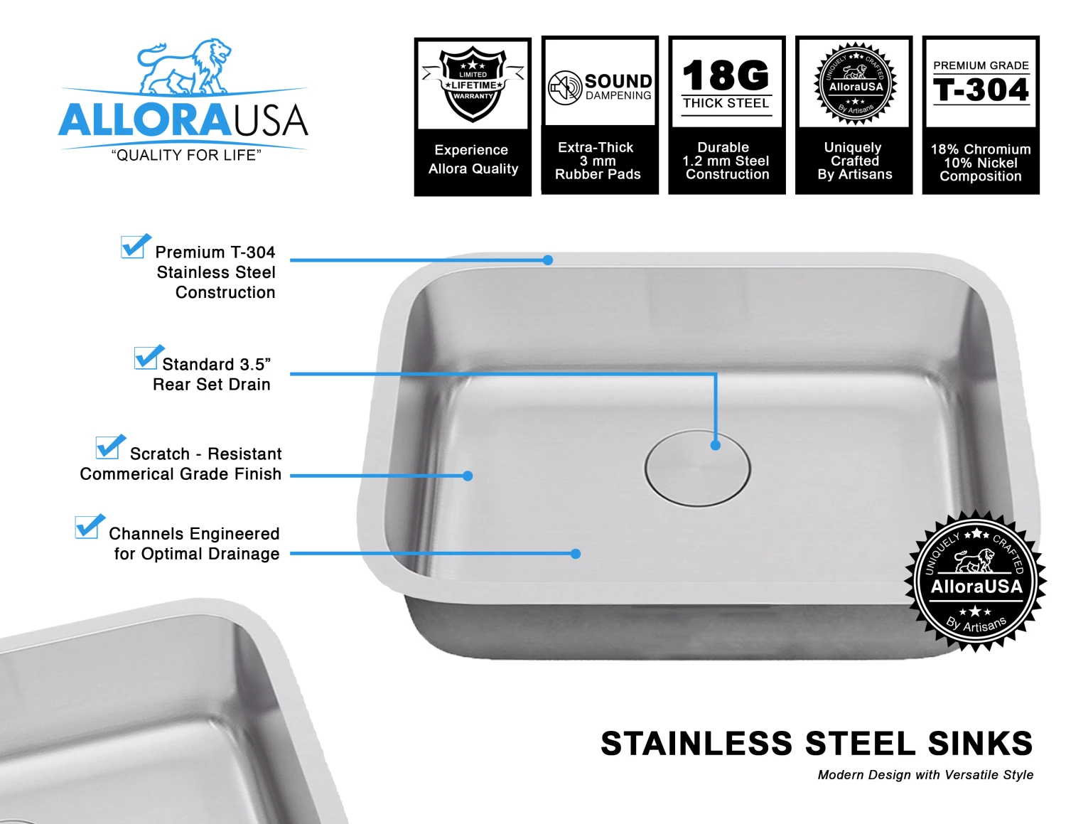 Allora USA - KSN-2718 Combo - 27" X 18" X 9" Undermount Single Large Bowl Stainless Steel Kitchen Sink Sinks 10 Allora USA - KSN-2718 Combo - 27" X 18" X 9" Undermount Single Large Bowl Stainless Steel Kitchen Sink Sinks