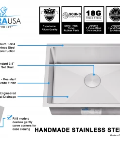 Sinks Allora USA - KH-3018-R15 - 30" X 18" X 10" Undermount Bowl Handmade Stainless Steel Kitchen Sink 13 Sinks Allora USA - KH-3018-R15 - 30