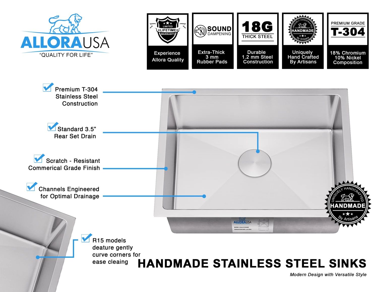 Sinks Allora USA - KH-3018-R15 - 30" X 18" X 10" Undermount Bowl Handmade Stainless Steel Kitchen Sink 6 Sinks Allora USA - KH-3018-R15 - 30" X 18" X 10" Undermount Bowl Handmade Stainless Steel Kitchen Sink