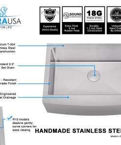 Sinks Allora USA - KH-3321F-R15 - 33" X 21" X 10" Farmhouse Undermount Single Large Bowl Stainless Steel Kitchen Sink 12 Sinks Allora USA - KH-3321F-R15 - 33
