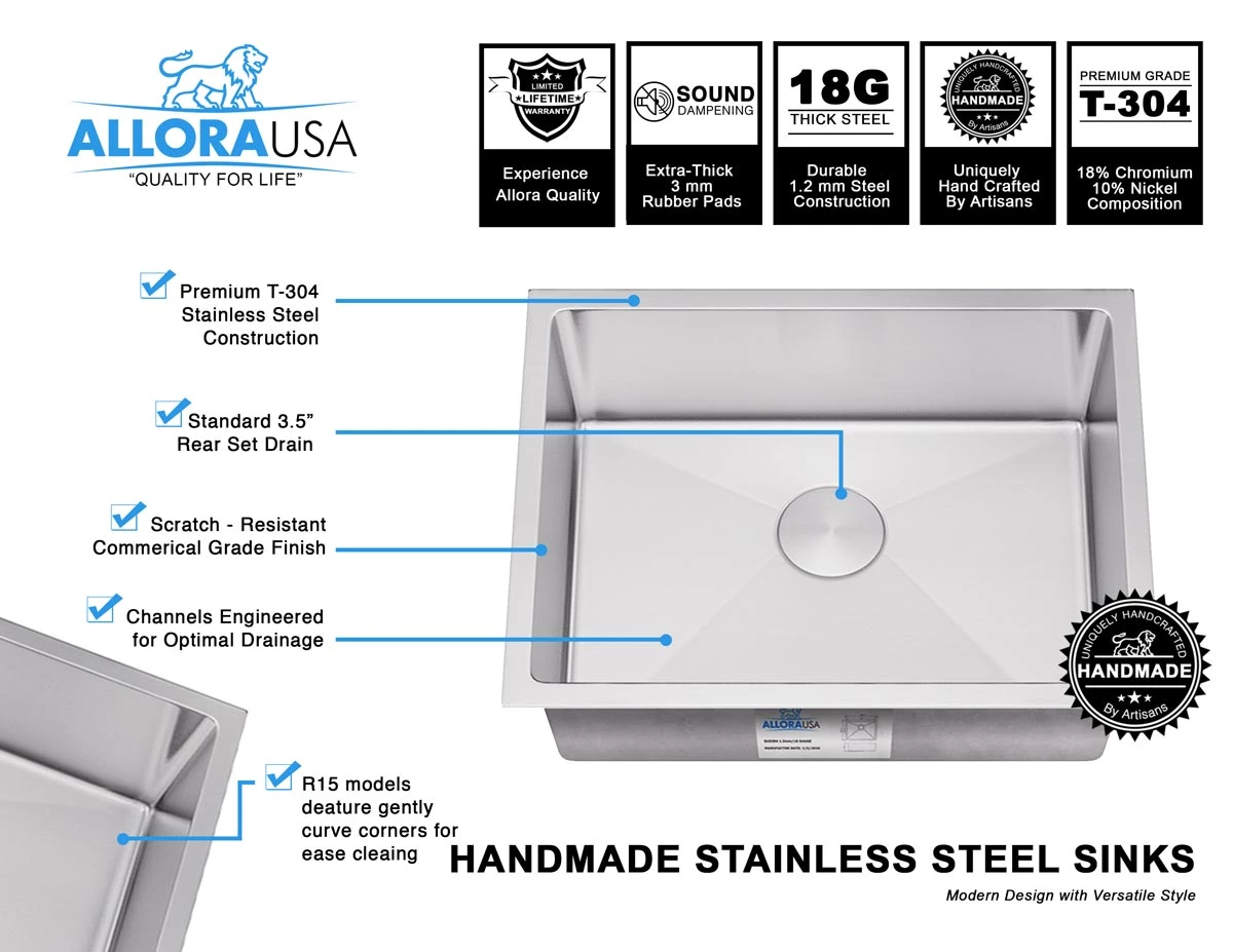 Sinks Allora USA - KH-3318-S-R15 Combo - 33" X 18" X 10" Handmade Undermount Single Large Bowl Stainless Steel Kitchen Sink 10 Sinks Allora USA - KH-3318-S-R15 Combo - 33" X 18" X 10" Handmade Undermount Single Large Bowl Stainless Steel Kitchen Sink