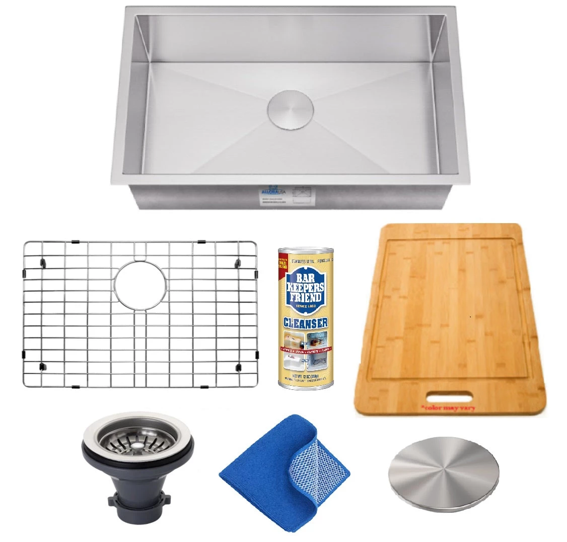 Sinks Allora USA - KH-2318 - 23" X 18" X 10" Combo Handmade Undermount Single Bowl Stainless Steel Kitchen Sink And Accessories 1 Sinks Allora USA - KH-2318 - 23" X 18" X 10" Combo Handmade Undermount Single Bowl Stainless Steel Kitchen Sink And Accessories