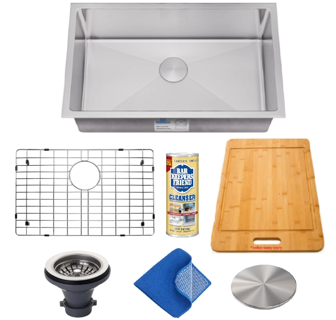 Allora USA - KH-2718-R15 Combo - 27" X 18" X 10" Handmade Undermount Single Large Bowl Stainless Steel Kitchen Sink Sinks 1 Allora USA - KH-2718-R15 Combo - 27" X 18" X 10" Handmade Undermount Single Large Bowl Stainless Steel Kitchen Sink Sinks