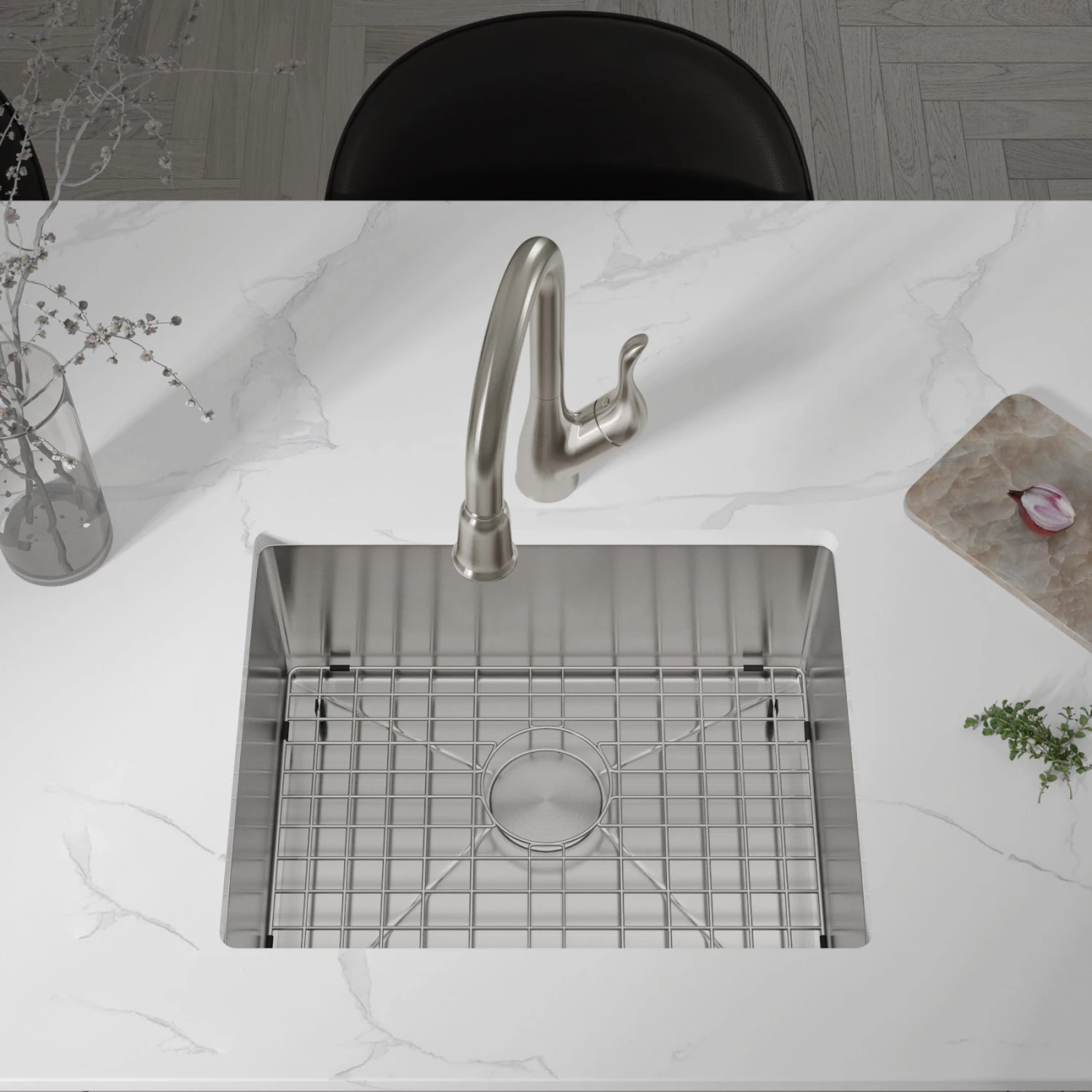 Allora USA - KH-2718-R15 Combo - 27" X 18" X 10" Handmade Undermount Single Large Bowl Stainless Steel Kitchen Sink Sinks 2 Allora USA - KH-2718-R15 Combo - 27" X 18" X 10" Handmade Undermount Single Large Bowl Stainless Steel Kitchen Sink Sinks