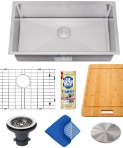 Allora USA - KH-3018-R15 Combo - 30" X 18" X 10" Handmade Undermount Single Large Bowl Stainless Steel Kitchen Sink Sinks