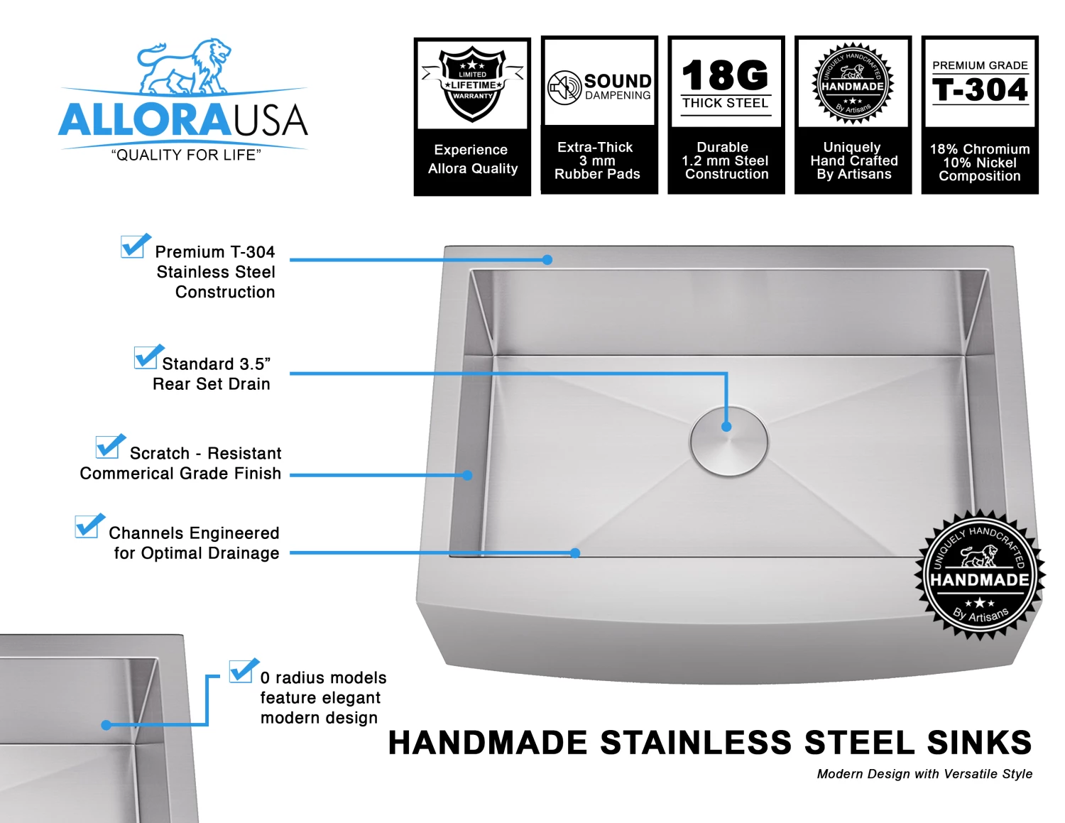 Sinks Allora USA - KH-3621F - 36" X 21" X 10" Single Large Bowl Stainless Steel Kitchen Sink 7 Sinks Allora USA - KH-3621F - 36" X 21" X 10" Single Large Bowl Stainless Steel Kitchen Sink