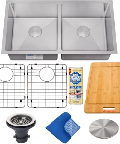 Allora USA - KH-3318-R15 Combo - 33" X 18" X 10" Handmade Undermount Double Bowl Stainless Steel Kitchen Sink Sinks