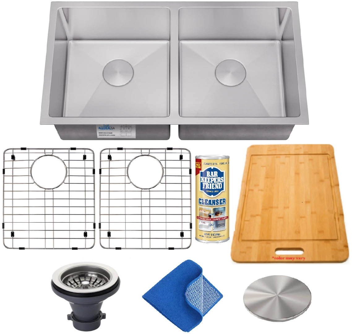 Allora USA - KH-3318-R15 Combo - 33" X 18" X 10" Handmade Undermount Double Bowl Stainless Steel Kitchen Sink Sinks 1 Allora USA - KH-3318-R15 Combo - 33" X 18" X 10" Handmade Undermount Double Bowl Stainless Steel Kitchen Sink Sinks