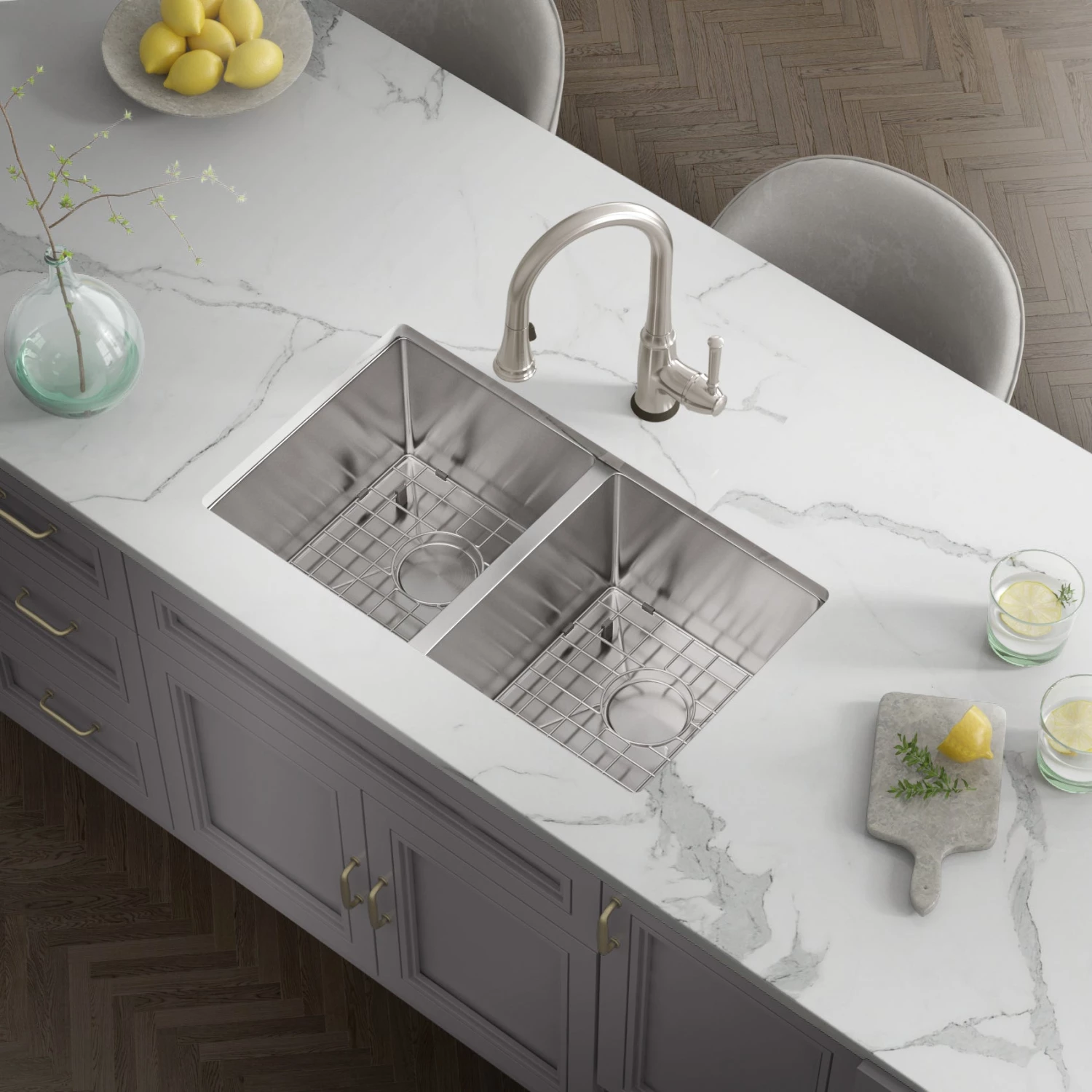 Allora USA - KH-3318-R15 - 33" X 18" X 10" Undermount Double Bowl Handmade Stainless Steel Kitchen Sink Sinks 3 Allora USA - KH-3318-R15 - 33" X 18" X 10" Undermount Double Bowl Handmade Stainless Steel Kitchen Sink Sinks