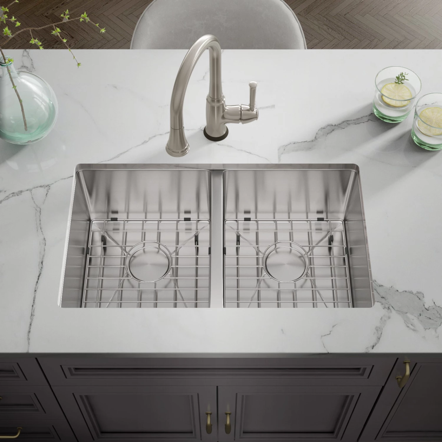 Allora USA - KH-3318-R15 - 33" X 18" X 10" Undermount Double Bowl Handmade Stainless Steel Kitchen Sink Sinks 2 Allora USA - KH-3318-R15 - 33" X 18" X 10" Undermount Double Bowl Handmade Stainless Steel Kitchen Sink Sinks