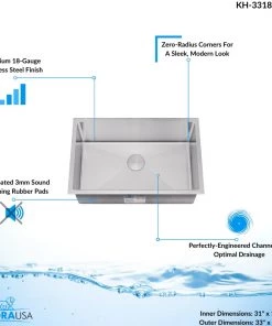 Sinks Allora USA - KH-3318-S-R15 Combo - 33" X 18" X 10" Handmade Undermount Single Large Bowl Stainless Steel Kitchen Sink 27 Sinks Allora USA - KH-3318-S-R15 Combo - 33