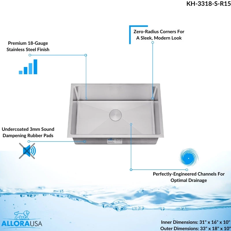 Sinks Allora USA - KH-3318-S-R15 Combo - 33" X 18" X 10" Handmade Undermount Single Large Bowl Stainless Steel Kitchen Sink 14 Sinks Allora USA - KH-3318-S-R15 Combo - 33" X 18" X 10" Handmade Undermount Single Large Bowl Stainless Steel Kitchen Sink