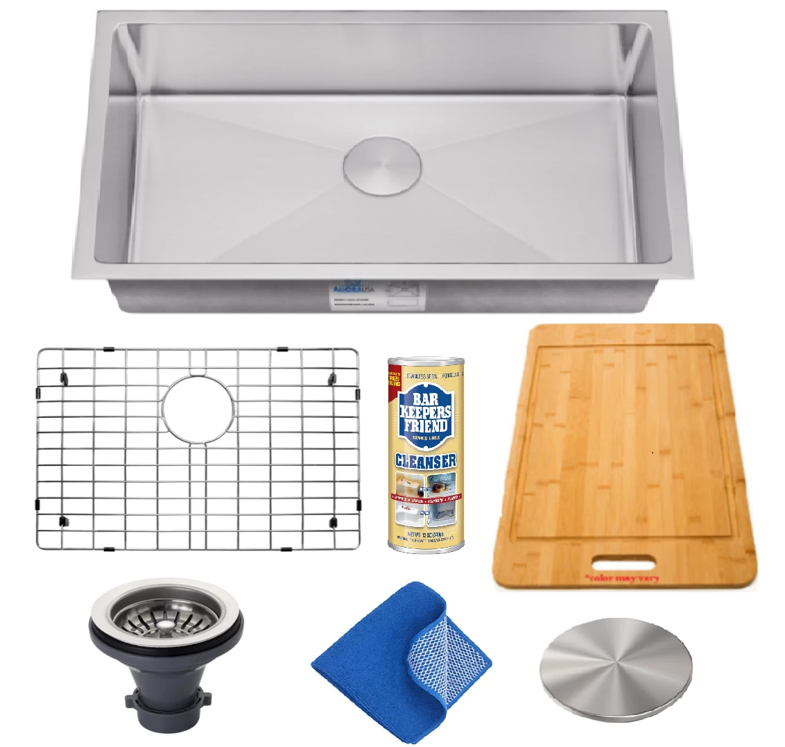 Sinks Allora USA - KH-3318-S-R15 Combo - 33" X 18" X 10" Handmade Undermount Single Large Bowl Stainless Steel Kitchen Sink 1 Sinks Allora USA - KH-3318-S-R15 Combo - 33" X 18" X 10" Handmade Undermount Single Large Bowl Stainless Steel Kitchen Sink