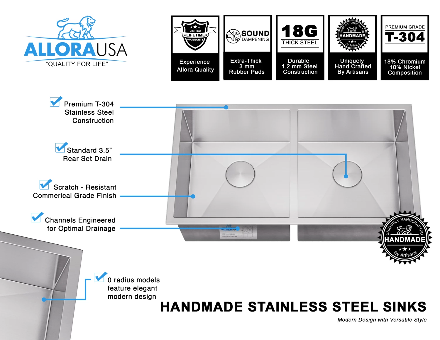 Allora USA - KH-3318-R15 Combo - 33" X 18" X 10" Handmade Undermount Double Bowl Stainless Steel Kitchen Sink Sinks 11 Allora USA - KH-3318-R15 Combo - 33" X 18" X 10" Handmade Undermount Double Bowl Stainless Steel Kitchen Sink Sinks