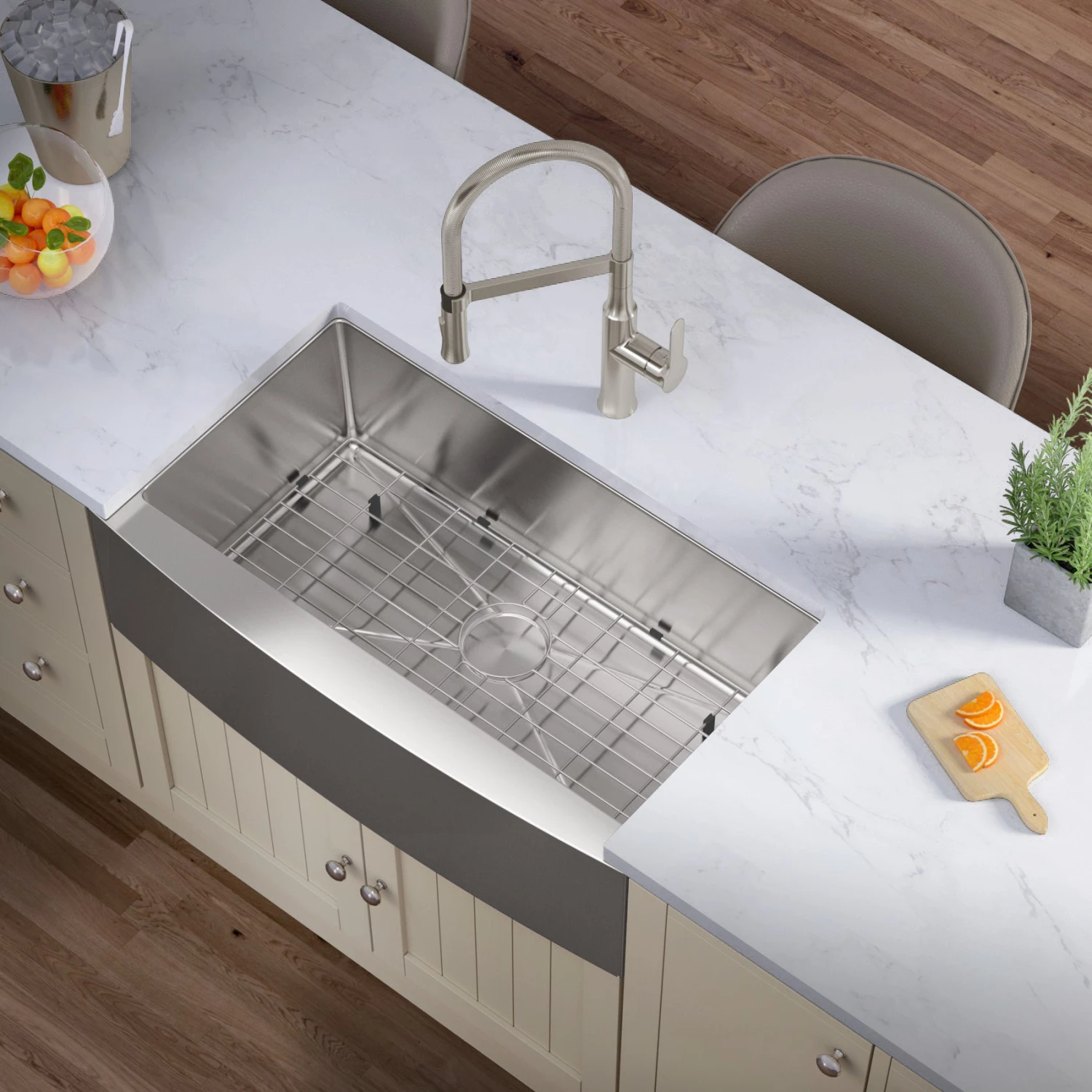 Sinks Allora USA - KH-3321F-R15 - 33" X 21" X 10" Farmhouse Undermount Single Large Bowl Stainless Steel Kitchen Sink 4 Sinks Allora USA - KH-3321F-R15 - 33" X 21" X 10" Farmhouse Undermount Single Large Bowl Stainless Steel Kitchen Sink