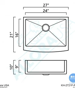 Sinks Allora USA - KH-2721F-R15 - 27" X 21" X 10" Single Large Bowl Stainless Steel Kitchen Sink