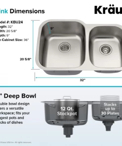 Elkay KRAUS Premier Undermount Stainless Steel 32 In. 60/40 Double Bowl Kitchen Sink
