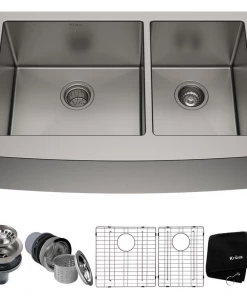 KRAUS Standard PRO Farmhouse Apron-Front Stainless Steel 36 In. Double Bowl Kitchen Sink Sinks