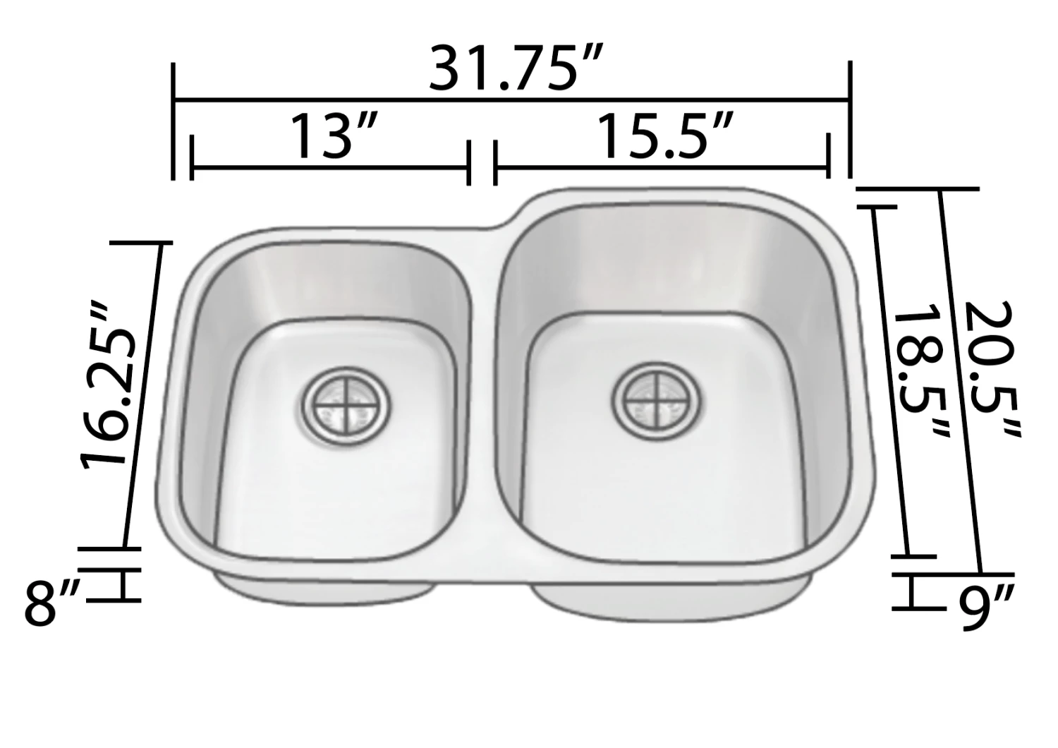 Sinks Allora USA - KSN-3221R - 32" X 21" X 9/8" Undermount 40/60 Double Bowl Stainless Steel Kitchen Sink 2 Sinks Allora USA - KSN-3221R - 32" X 21" X 9/8" Undermount 40/60 Double Bowl Stainless Steel Kitchen Sink