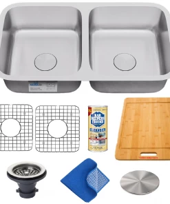 Allora USA - KSN-3318 Combo - 33" X 18" X 9" Undermount Double Bowl Stainless Steel Kitchen Sink