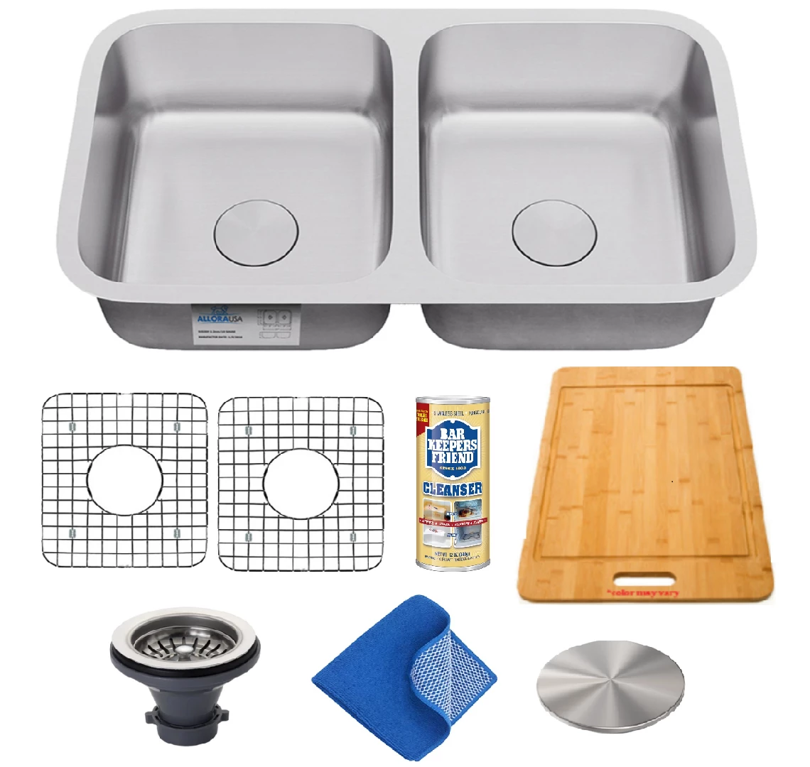 Sinks Allora USA - KSN-3118 Combo - 31" X 18" X 9" Undermount Double Bowl 50/50 Stainless Steel Kitchen Sink 1 Sinks Allora USA - KSN-3118 Combo - 31" X 18" X 9" Undermount Double Bowl 50/50 Stainless Steel Kitchen Sink
