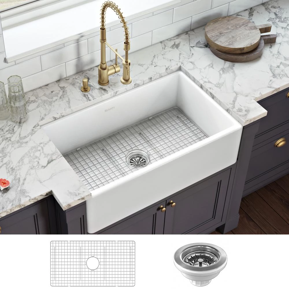 RUVATI Farmhouse Apron-Front Fireclay 33 In. X 20 In. Reversible Single Bowl Kitchen Sink In White Sinks 1 RUVATI Farmhouse Apron-Front Fireclay 33 In. X 20 In. Reversible Single Bowl Kitchen Sink In White Sinks