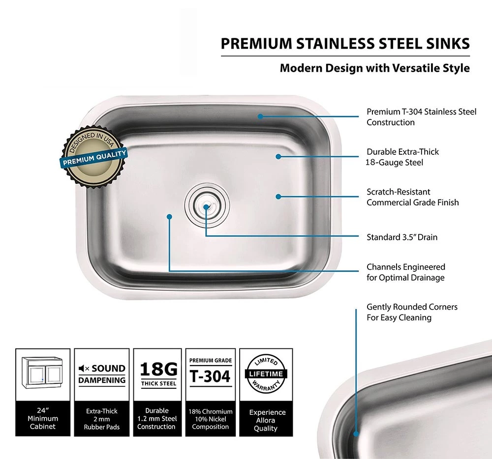 Sinks Allora USA - ADA-3018- 30" X 18" X 6" Undermount Single Bowl 18 Gauge Stainless Steel Kitchen Sink 5 Sinks Allora USA - ADA-3018- 30" X 18" X 6" Undermount Single Bowl 18 Gauge Stainless Steel Kitchen Sink
