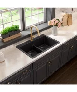 Glacier Bay Drop-in/Undermount Granite Composite 33 In. 1-Hole 60/40 Double Bowl Kitchen Sink With Low Divide In Black Sinks