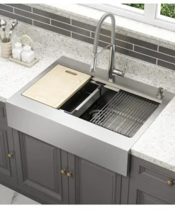 CMI Blanchard Retrofit Workstation DualMount Stainless Steel 33in. 2Hole Single Bowl Flat Farmhouse Apron Front Kitchen Sink Sinks