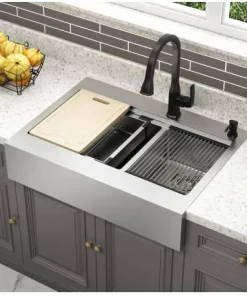 CMI Blanchard Retrofit Workstation Dual Mount Stainless Steel 33 In. 2-Hole 60/40 Double Bowl Flat Front Apron Kitchen Sink