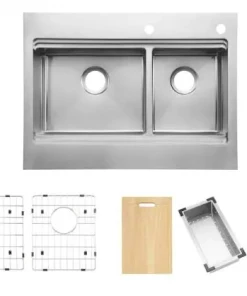 CMI Blanchard Retrofit Workstation Dual Mount Stainless Steel 33 In. 2-Hole 60/40 Double Bowl Flat Front Apron Kitchen Sink