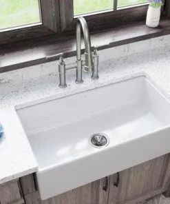 Sinks ELKAY Burnham White Fireclay 30 In. Single Bowl Farmhouse Apron Kitchen Sink