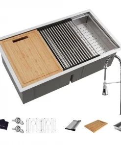 Glacier Bay All-in-One Undermount Stainless Steel 33 In. 50/50 Double Bowl Workstation Kitchen Sink With Faucet And Accessories